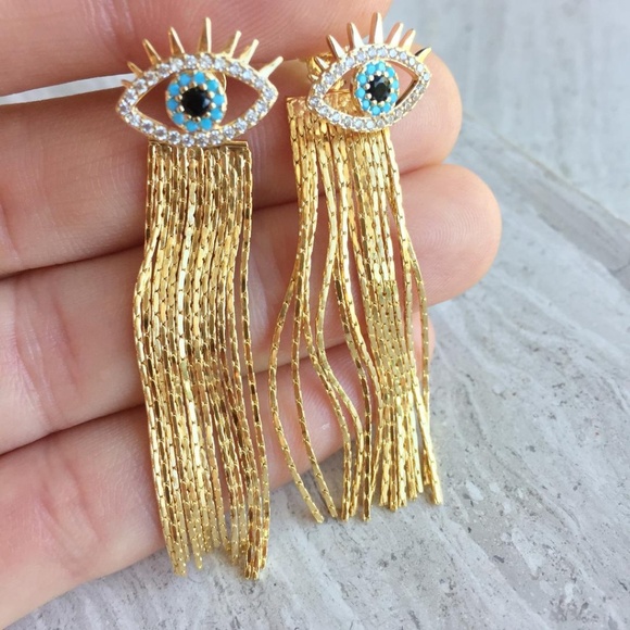 Evil Eye studs w/ gold tassel back earrings - Picture 5 of 8